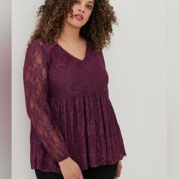 torrid Tops - NWT Women's Torrid Purple Babydoll Lace V-Neck Top, Size 1 / 1X